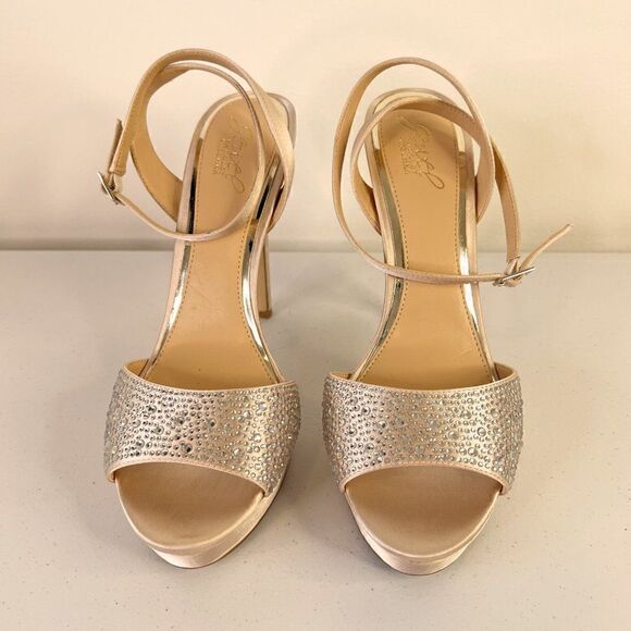 NWOB Jewel by Badgley Mischka Beige Satin Rhinestone Strappy Heels - Picture 2 of 7